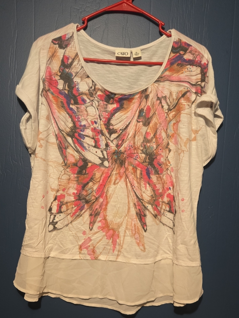 Cato White Short Sleeve Top with Multicolor Butterfly Design